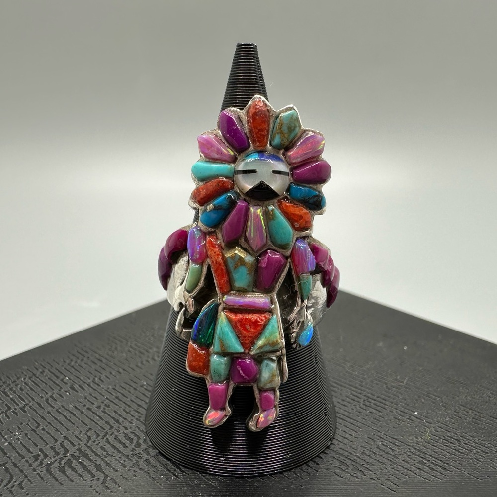 Aurora Opal & Turquoise Inlay Sterling Silver 925 Kachina Chief Ring Handmade